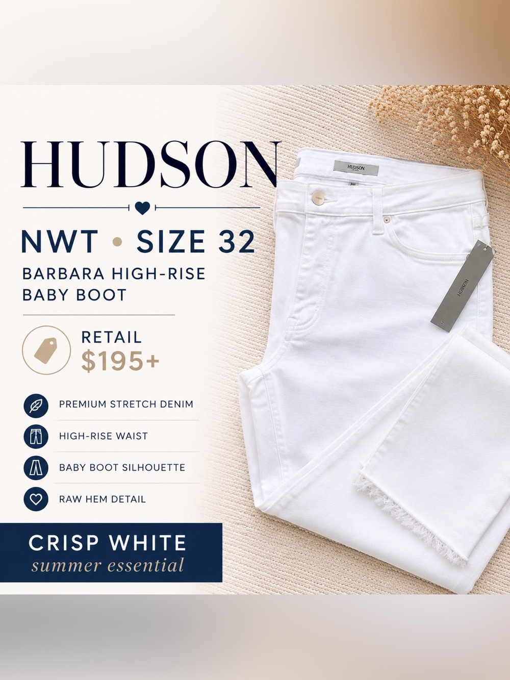 HUDSON Barbara High-Rise Baby Boot White Jeans Size 32 NWT